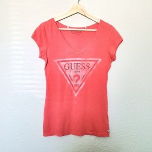 GUESS Pink V-Neck Faded Graphic Tee, S